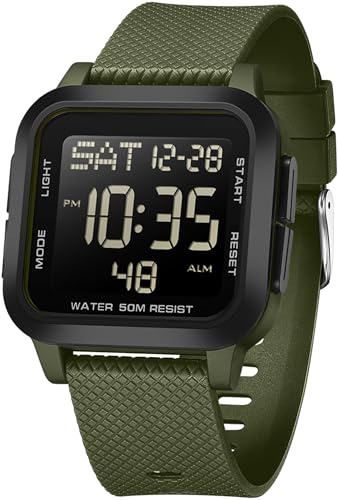 findtime Digitaluhr Herren Große Ziffern Armbanduhr Herren Damen Digital LED Sportuhr Eckig 5ATM Wasserdicht 12/24H Zwei Zeitzonen Outdoor Countdown Uhr Sport Armbanduhren Jungen Military Watch von findtime