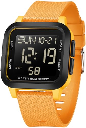 findtime Digitaluhr Herren Große Ziffern Armbanduhr Herren Damen Digital LED Sportuhr Eckig 5ATM Wasserdicht 12/24H Zwei Zeitzonen Outdoor Countdown Uhr Sport Armbanduhren Jungen Military Watch von findtime