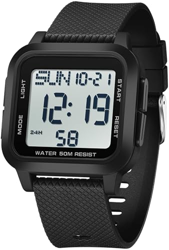 findtime Digitaluhr Herren Große Ziffern Armbanduhr Herren Damen Digital LED Sportuhr Eckig 5ATM Wasserdicht 12/24H Zwei Zeitzonen Outdoor Countdown Uhr Sport Armbanduhren Jungen Military Watch von findtime