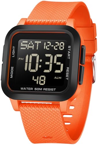 findtime Digitaluhr Herren Große Ziffern Armbanduhr Herren Damen Digital LED Sportuhr Eckig 5ATM Wasserdicht 12/24H Zwei Zeitzonen Outdoor Countdown Uhr Sport Armbanduhren Jungen Military Watch von findtime