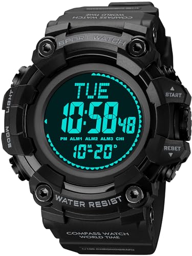 findtime Digitaluhr Herren Militär Sportuhr für Männer Digital Große Taktische Armbanduhr mit Kompass Weltzeit 5ATM Wasserdicht Outdoor Uhr Herren mit Licht Stoppuhr Coutdown Wecker von findtime