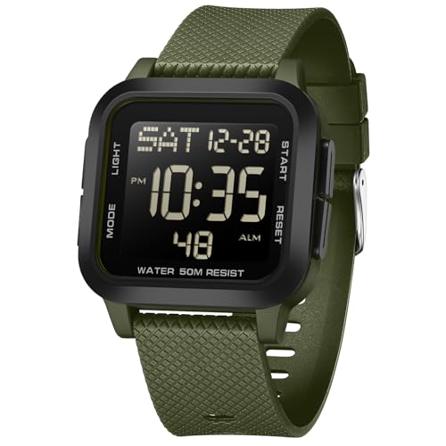 findtime Eckige Digitaluhr Herren Quadratische Militär Uhr 5 ATM Wasserdicht Outdoor Armbanduhr Sportuhr Tactical Watch Military Stoppuhr Sport 12/24H Wecker Alarm LED Kalender Countdown Chronograph von findtime