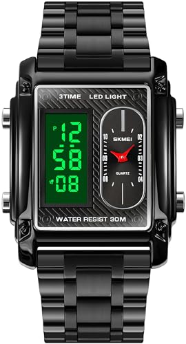 findtime Eckige Herrenuhren Digital Analog Schwarz Edelstahl Lederarmband DREI Zeitzonen Coole Einzigartiges Design Business Männer Uhren von findtime