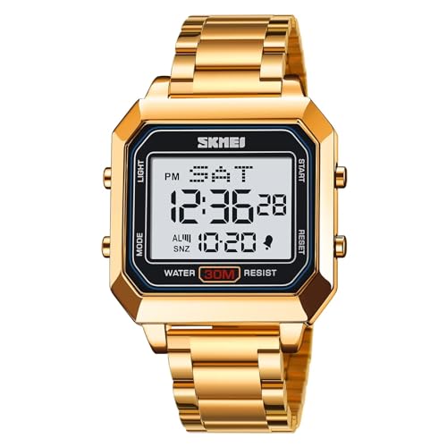 findtime Edelstahl Digital Uhren Herren Armbanduhr Herrenuhr Elektronische LED Hintergrundbeleuchtung Schwarz Silber Gold Quarz Watch Wasserdicht Datum Kalender Jungen Männer Business Klassisch von findtime