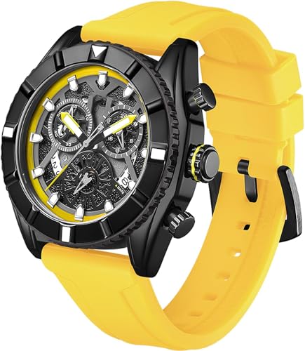 findtime Gelb Herrenuhren Chronographen Sport Herren Uhr Analog Quarz Armbanduhr Silikon Watch für Männer Racer Deisgn Military Style von findtime