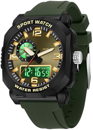findtime Grün Herrenuhr Quadratisches Großes Zifferblatt mit Digital Analog Doppelzeit Designer Uhren für Männer Sportliche Elektronische Armbanduhren von findtime