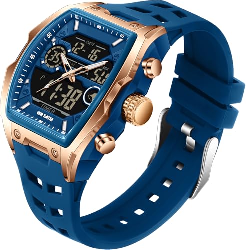 findtime Herren Armbanduhr Analog Digital Uhren Tonneau Rechteck Mode Armbanduhr Sport Einzigartige Militär Wasserdicht Uhren mit LED Stoppuhr Countdown Alarm Gebogener Bildschirm, Blaues Rotgold. von findtime