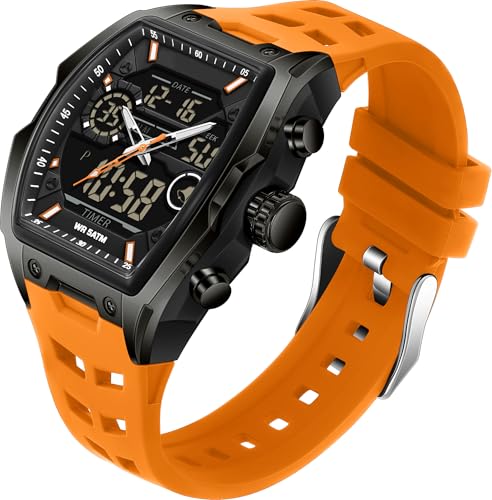 findtime Herren Armbanduhr Analog Digital Uhren Tonneau Rechteck Mode Armbanduhr Sport Einzigartige Militär Wasserdicht Uhren mit LED Stoppuhr Countdown Alarm Gebogener Bildschirm, Orange, Armband findtime Herren Armbanduhr Analog Digital Uhren Tonneau Rechteck Mode Armbanduhr Sport Einzigartige Militär Wasserdicht Uhren mit LED Stoppuhr Countdown Alarm Gebogener Bildschirm, Orange, Armband von findtime