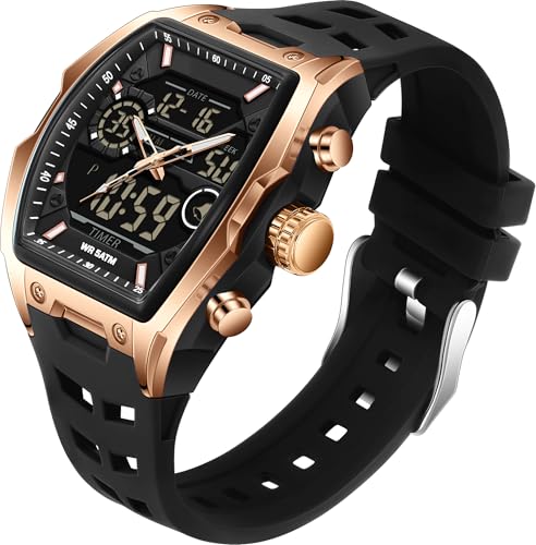 findtime Herren Armbanduhr Analog Digital Uhren Tonneau Rechteck Mode Armbanduhr Sport Einzigartige Militär Wasserdicht Uhren mit LED Stoppuhr Countdown Alarm Gebogener Bildschirm, Schwarz Rosegold von findtime