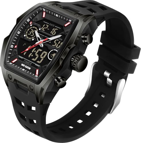findtime Herren Armbanduhr Analog Digital Uhren Tonneau Rechteck Mode Armbanduhr Sport Einzigartige Militär Wasserdicht Uhren mit LED Stoppuhr Countdown Alarm Gebogener Bildschirm, Schwarz , Armband von findtime