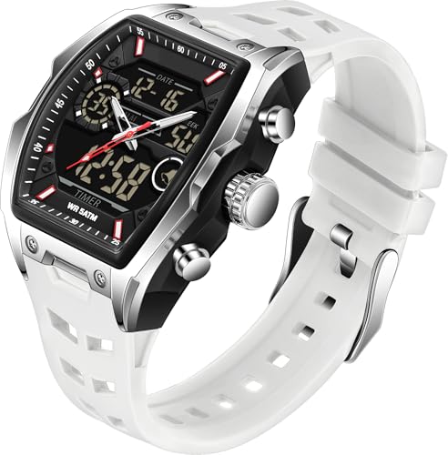 findtime Herren Armbanduhr Analog Digital Uhren Tonneau Rechteck Mode Armbanduhr Sport Einzigartige Militär Wasserdicht Uhren mit LED Stoppuhr Countdown Alarm Gebogener Bildschirm, weiß, Armband von findtime