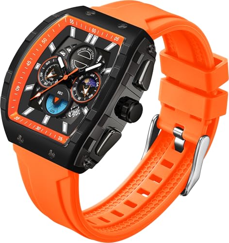 findtime Herren Armbanduhr Analog Uhren Mode Tonneau Rechteck Sport Armbanduhr Militär Quarz Chronograph Wasserdicht Uhren mit Leuchtendem Kalender Gebogener Bildschirm, Orange von findtime