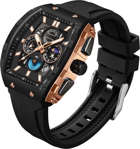 findtime Herren Armbanduhr Analog Uhren Mode Tonneau Rechteck Sport Armbanduhr Militär Quarz Chronograph Wasserdicht Uhren mit Leuchtendem Kalender Gebogener Bildschirm, Schwarz Rosegold, Armband von findtime