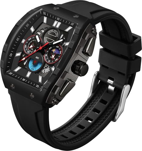 findtime Herren Armbanduhr Analog Uhren Mode Tonneau Rechteck Sport Armbanduhr Militär Quarz Chronograph Wasserdicht Uhren mit Leuchtendem Kalender Gebogener Bildschirm, Schwarz , Armband von findtime