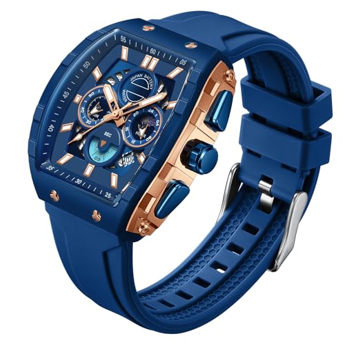 findtime Herren Armbanduhr Analog Uhren Mode Tonneau Rechteck Sport Armbanduhr Militär Quarz Chronograph Wasserdicht Uhren mit Leuchtendem Kalender Gebogener Bildschirm, blau, Armband von findtime