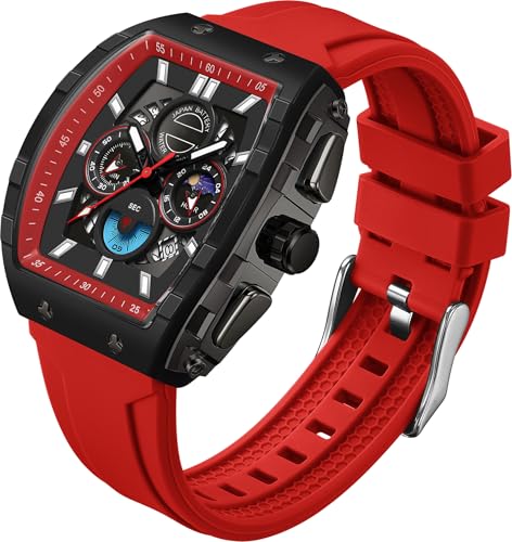 findtime Herren Armbanduhr Analog Uhren Mode Tonneau Rechteck Sport Armbanduhr Militär Quarz Chronograph Wasserdicht Uhren mit Leuchtendem Kalender Gebogener Bildschirm, rot, Armband von findtime
