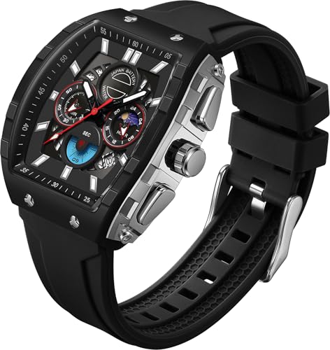 findtime Herren Armbanduhr Analog Uhren Mode Tonneau Rechteck Sport Armbanduhr Militär Quarz Chronograph Wasserdicht Uhren mit Leuchtendem Kalender Gebogener Bildschirm, schwarz/silberfarben, Armband von findtime