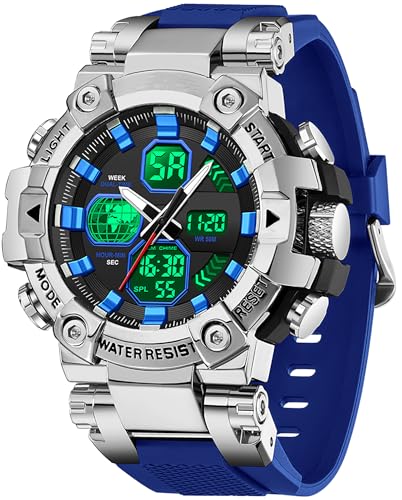 findtime Herren Armbanduhr Blau Robust Outdoor Herrenuhr mit 5AT Wasserdicht Alarm Doppelzeit Datum Woche Digital Analog Anzeige Stoppuhr von findtime