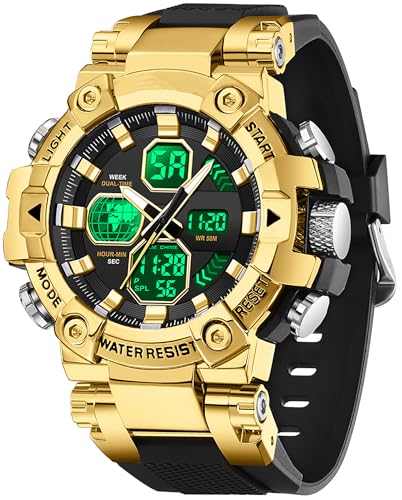 findtime Herren Armbanduhr Gold Robust Outdoor Herrenuhr mit 5AT Wasserdicht Alarm Doppelzeit Datum Woche Digital Analog Anzeige Stoppuhr von findtime