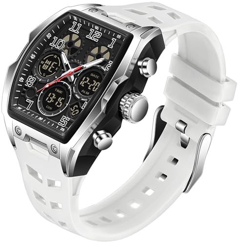 findtime Herren Armbanduhr Große Rechteckige Herrenuhr Sportlich Chronographen Datum Wasserdicht Militär Designer Uhren fur Männer Weiß Silikonband von findtime