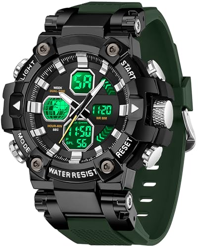 findtime Herren Armbanduhr Grün Robust Outdoor Herrenuhr mit 5AT Wasserdicht Alarm Doppelzeit Datum Woche Digital Analog Anzeige Stoppuhr von findtime