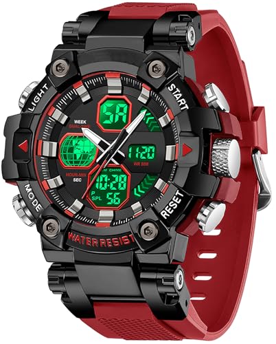 findtime Herren Armbanduhr Rot Robust Outdoor Herrenuhr mit 5AT Wasserdicht Alarm Doppelzeit Datum Woche Digital Analog Anzeige Stoppuhr von findtime