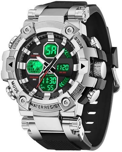 findtime Herren Armbanduhr Silber Robust Outdoor Herrenuhr mit 5AT Wasserdicht Alarm Doppelzeit Datum Woche Digital Analog Anzeige Stoppuhr von findtime