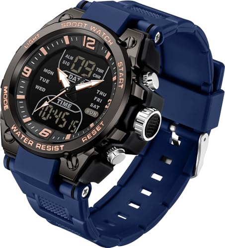 findtime Herren Armbanduhr Sport Wasserdicht Militär Uhren Outdoor Taktische Digital Analog Uhr Elektronische Armbanduhr mit LED Stoppuhr Countdown Alarm Dual Time Big Face, blau / schwarz von findtime