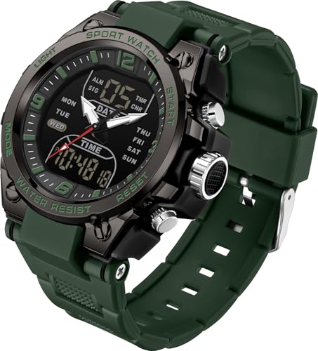 findtime Herren Armbanduhr Sport Wasserdicht Militär Uhren Outdoor Taktische Digital Analog Uhr Elektronische Armbanduhr mit LED Stoppuhr Countdown Alarm Dual Time Big Face, military green von findtime