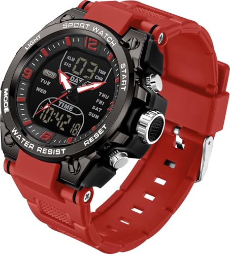Herren Armbanduhr Sport Wasserdicht Militär Uhren Outdoor Taktische Digital Analog Uhr Elektronische Armbanduhr mit LED Stoppuhr Countdown Alarm Dual Time Big Face, rot, Armband von findtime