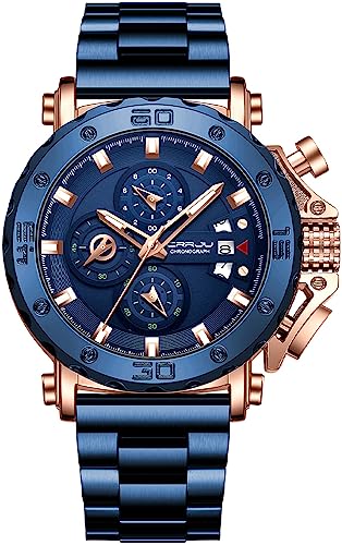 findtime Herren Armbanduhr Watches for Men, Business Herrenuhren Chronograph Edelstahl Designer für Männer Leuchtende Analog Quarzuhr Datum Kalender Blau von findtime