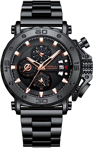 findtime Herren Armbanduhr Watches for Men, Business Herrenuhren Chronograph Edelstahl Designer für Männer Leuchtende Analog Quarzuhr Datum Kalender Schwarz von findtime