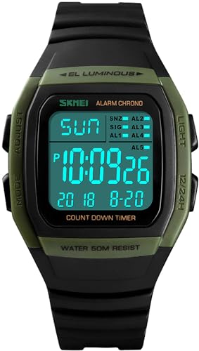 findtime Herren Digital Sport Uhren 5 ATM Wasserdicht Alarm Timer Elektronische Outdoor Armbanduhr Grün von findtime