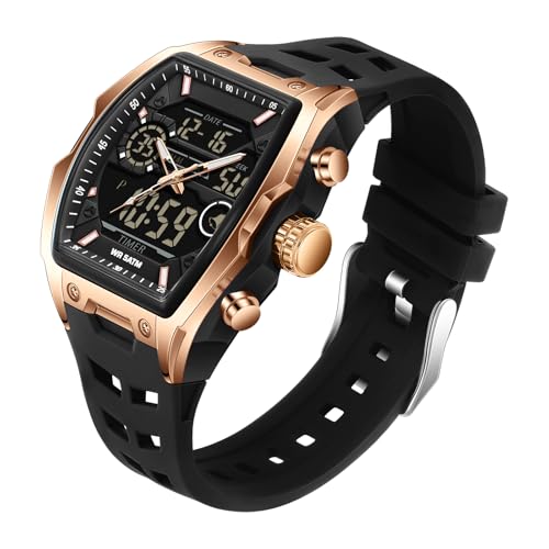 findtime Herren-Digitaluhr, taktische Militär-Uhren für Herren, 5 ATM, wasserdicht, analog, Sportuhr mit 12/24 Stunden LED-Hintergrundbeleuchtung, Alarm, Countdown, Blackrosegold, Armband von findtime