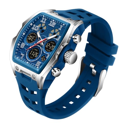 findtime Herren-Digitaluhr, taktische Militär-Uhren für Herren, 5 ATM, wasserdicht, analog, Sportuhr mit 12/24 Stunden LED-Hintergrundbeleuchtung, Alarm, Countdown, Bluesilver, Armband von findtime