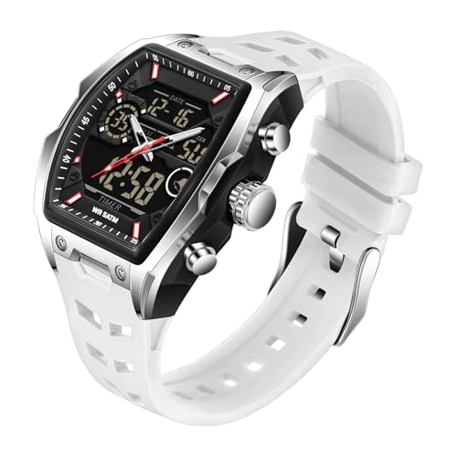 findtime Herren-Digitaluhr, taktische Militär-Uhren für Herren, 5 ATM, wasserdicht, analog, Sportuhr mit 12/24 Stunden LED-Hintergrundbeleuchtung, Alarm, Countdown, weiß, Armband von findtime