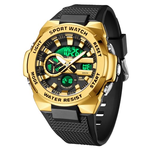 findtime Herren-Digitaluhr, taktische Militär-Uhren für Herren, 5 ATM wasserdicht, analoge Uhr mit 12/24 Stunden LED-Hintergrundbeleuchtung, Alarm, Countdown, schwarz / goldfarben, Armband findtime Herren-Digitaluhr, taktische Militär-Uhren für Herren, 5 ATM wasserdicht, analoge Uhr mit 12/24 Stunden LED-Hintergrundbeleuchtung, Alarm, Countdown, schwarz / goldfarben, Armband von findtime