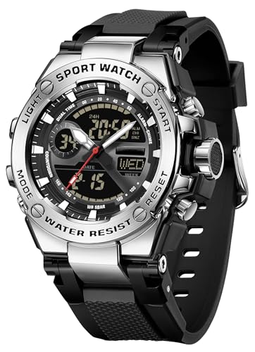 findtime Herren Digitaluhr Analog Sport Wasserdicht Wath Militär Laufuhr Elektronische Uhren für Männer Stoßfest Big Screen Tactical, silber, Armband von findtime