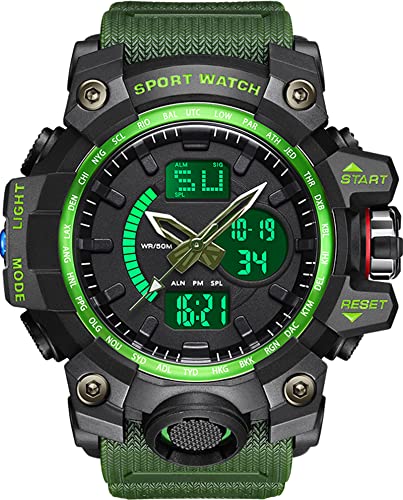 findtime Herren Digitaluhr Sportuhren Militär Grün Armbanduhr Jungen, 5ATM Wasserdicht Große Teenageruhr Digital Analog Display Uhren Tactical Männer Stoppuhr LED 12/24H von findtime