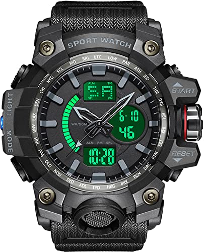 findtime Herren Digitaluhr Sportuhren Militär Schwarz Armbanduhr Jungen, 5ATM Wasserdicht Große Teenageruhr Digital Analog Display Uhren Tactical Männer Stoppuhr LED 12/24H von findtime