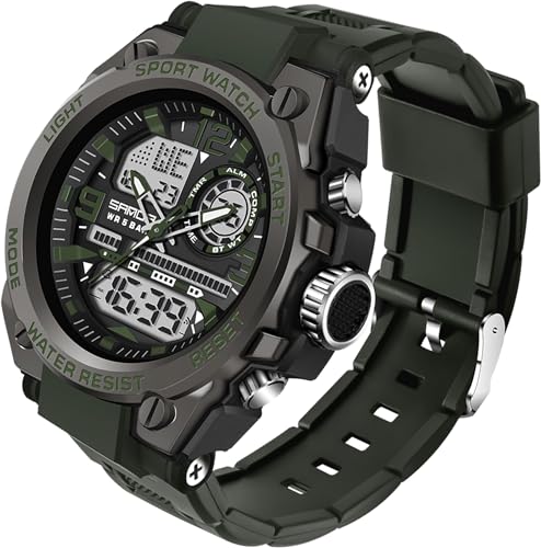 findtime Herren Militär Uhr Taktische Wasserdichte Uhren Sport Outdoor Digital Analog Armbanduhr Armee Big Face Alarm Stoppuhr LED Uhr für Männer, grün, Gurt von findtime