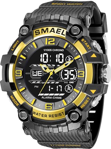 findtime Herren Sportuhr Analog Uhren Militär Wasserdicht Armbanduhr Outdoor Taktische Armbanduhr mit LED Leuchtender Alarm Stoppuhr Datum Kalender, gold, Armband von findtime