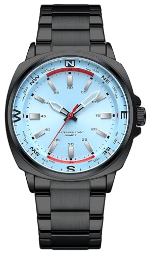 findtime Herren Uhren Analog Militär Robuste Quarzuhr Edel Luxuriös Design Modische Business Armbanduhr für Männer Großem Ziffernblatt Blau Schwarz Edelstahl Armband von findtime