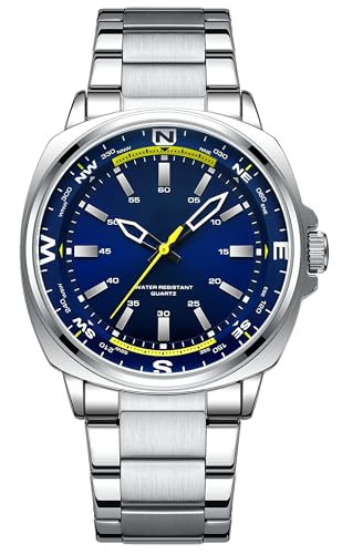 findtime Herren Uhren Analog Militär Robuste Quarzuhr Edel Luxuriös Design Modische Business Armbanduhr für Männer Großem Ziffernblatt Blau Silber Edelstahl Armband von findtime