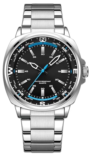 findtime Herren Uhren Analog Militär Robuste Quarzuhr Edel Luxuriös Design Modische Business Armbanduhr für Männer Großem Ziffernblatt Silber Schwarz Edelstahl Armband von findtime