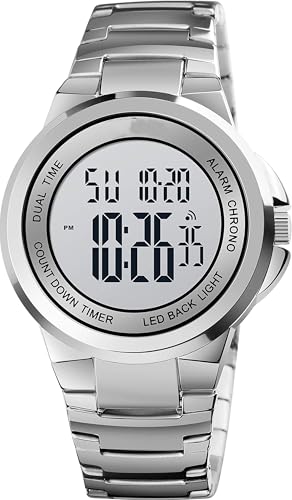 findtime Herrenuhr Digital Business Multifunktionsuhr Sportlich Armbanduhr Outdoor Metall Schlicht Silber Timer Stoppuhr LED Beleuchtung Kalender von findtime
