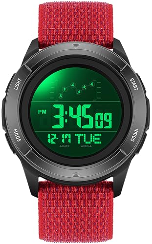 findtime Herrenuhr Digital Rot Nylon Armbanduhr für Männer Damen Countdown Doppelzeit Alarm 12/24H LED-Hintergrundbeleuchtung von findtime