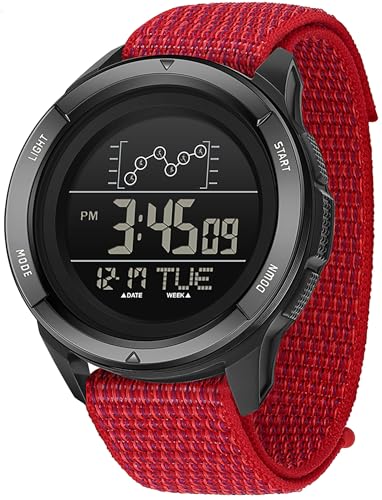 findtime Herrenuhr Digitaluhr Outdoor Rot Armbanduhren 5ATM Wasserdicht Uhren mit Stoppuhr Chronograph LED Beleuchtung Alarm Datum Anzeige Nylon Band Design von findtime