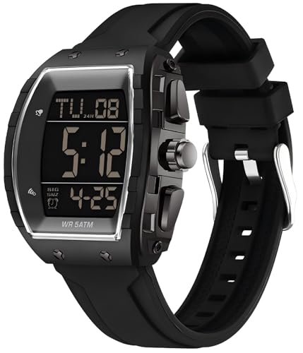 findtime Herrenuhr Tonneau Sportuhr Digital Armbanduhr Gold mit Doppelzeit Timer Stoppuhr 5ATM Wasserdicht Design Elektronische Uhren Freizeit Sport Armbanduhr Multifunktional von findtime