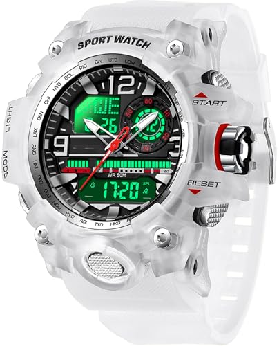 findtime Militär Große Armbanduhr Herren Uhren Analog Digitaluhr 5 ATM wasserdichte Outdoor Taktische Sportuhr mit Wecker Datum 12/24H LED Stoppuhr für Männer Jungen Weiß Transparent von findtime